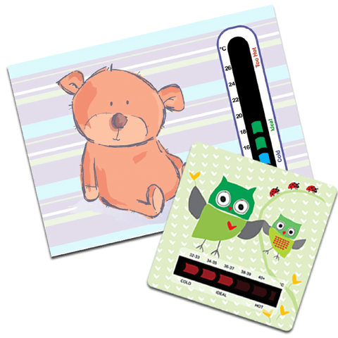 Bear Nursery Room Thermometer Card and Owl Bath Thermometer Card Pack
